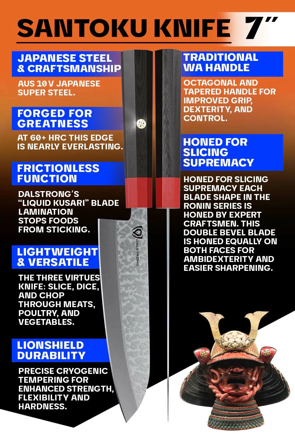 Santoku Knife 7" | Double Bevel | Black Acacia Wood Sheath | Ronin Series | Dalstrong © - Image 4