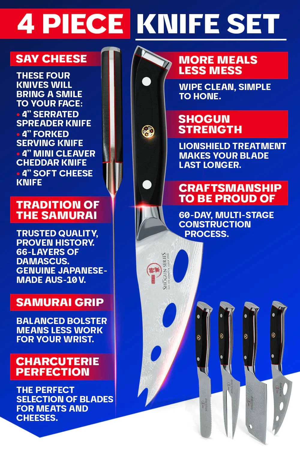 4-Piece Cheese Knife Set | Shogun Series ELITE | NSF Certified | Dalstrong © - Image 3