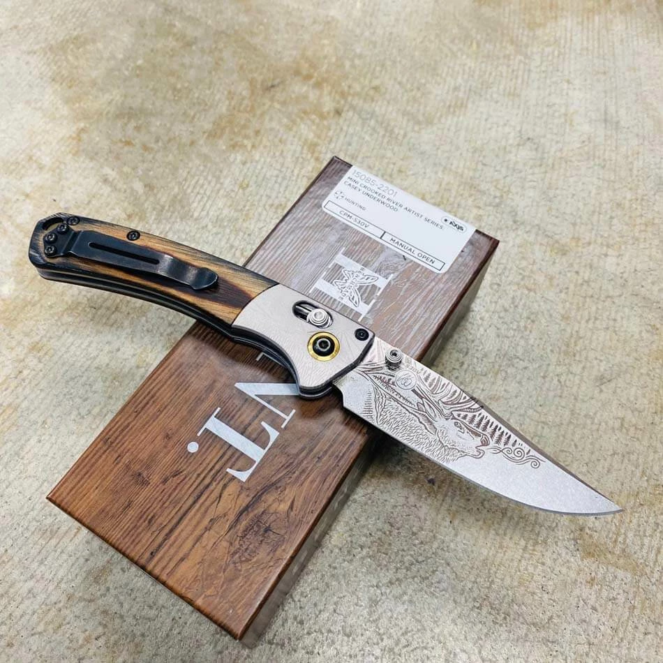 Benchmade 15085-2201 BULL ELK Mini Crooked River Folding Knife 3.4" Casey Underwood Artist Series LIMITED EDITION BULL ELK - Image 4