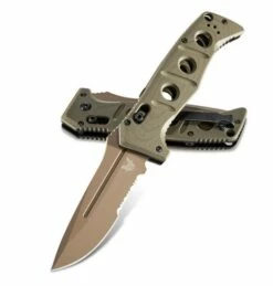 Benchmade 2750SFE-2 Shane Sibert AUTO Adamas SERRATED Folding Knife 3.78" CruWear Flat Dark Earth Plain Blade, OD Green G10 Handles, Ballistic Nylon Sheath