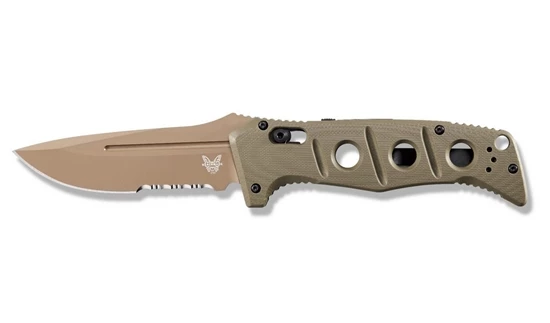 Benchmade 2750SFE-2 Shane Sibert AUTO Adamas SERRATED Folding Knife 3.78" CruWear Flat Dark Earth Plain Blade, OD Green G10 Handles, Ballistic Nylon Sheath - Image 3