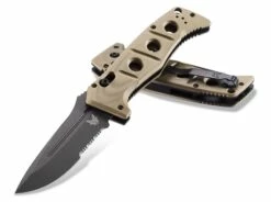 Benchmade 2750SGY-3 Shane Sibert AUTO Adamas SERRATED Folding Knife 3.78" CruWear Tungsten Gray Plain Blade, Desert Tan G10 Handles