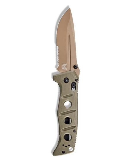 Benchmade 275SFE-2 Shane Sibert Adamas SERRATED Folding Knife 3.78" CruWear Flat Dark Earth Plain Blade, OD Green G10 Handles - Image 2