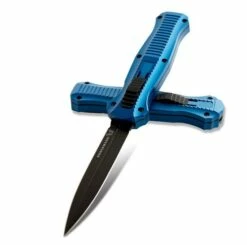 Benchmade 3300BK-2001 Infidel AUTO OTF 3.91" Black Finish Blue Handles Double Edge Dagger, Sheath