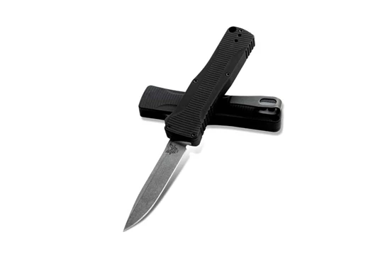 Benchmade OM 4850 2.48" Satin Blade, Double Action Out The Front, Black Anodized Aluminum Handles, Automatic Knife