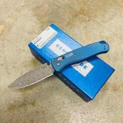 Benchmade 535-2204 Bugout AXIS Folding Knife 3.24" Ladder Pattern Damasteel Blade With Blue Anodized 6AI-4V Titanium With BM HQ Geolocation Laser Etch