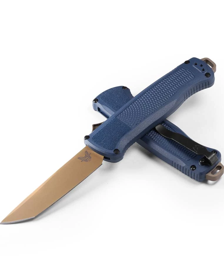 Benchmade 5370FE-01 Shootout Crator Blue Grivory, 3.5" Flat Earth Blade, Automatic OTF Knife