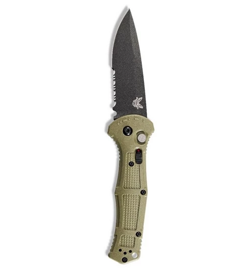 Benchmade 9070SBK-1 Claymore AUTO Folding Knife 3.6" CPM-D2 Cobalt Black Combo Blade, Ranger Green Grivory Handles - Image 2