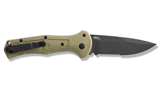 Benchmade 9070SBK-1 Claymore AUTO Folding Knife 3.6" CPM-D2 Cobalt Black Combo Blade, Ranger Green Grivory Handles - Image 4