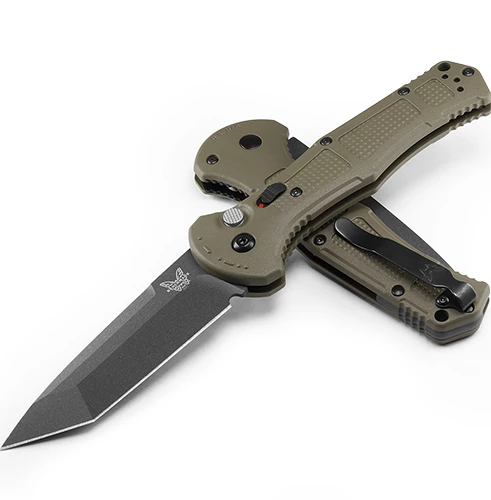Benchmade 9071BK-1 Claymore AUTO Folding Knife 3.6" CPM-D2 Tanto Cobalt Blade Ranger Green Grivory Handles