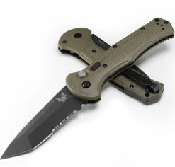 Benchmade 9071SBK-1 Claymore AUTO Folding Serrated Knife 3.6" CPM-D2 Tanto Cobalt Blade Ranger Green Grivory Handles