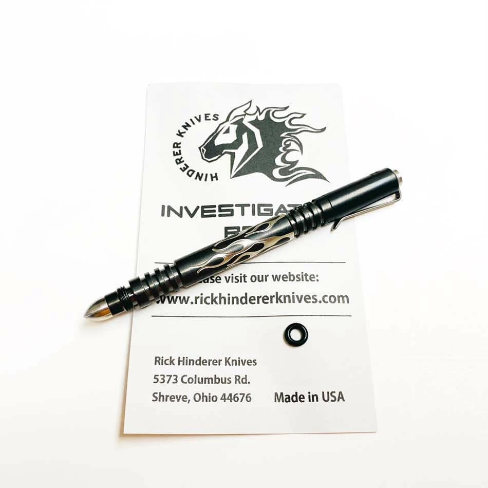 Rick Hinderer Investigator Pen Stainless Steel Stonewash Black DLC Flames