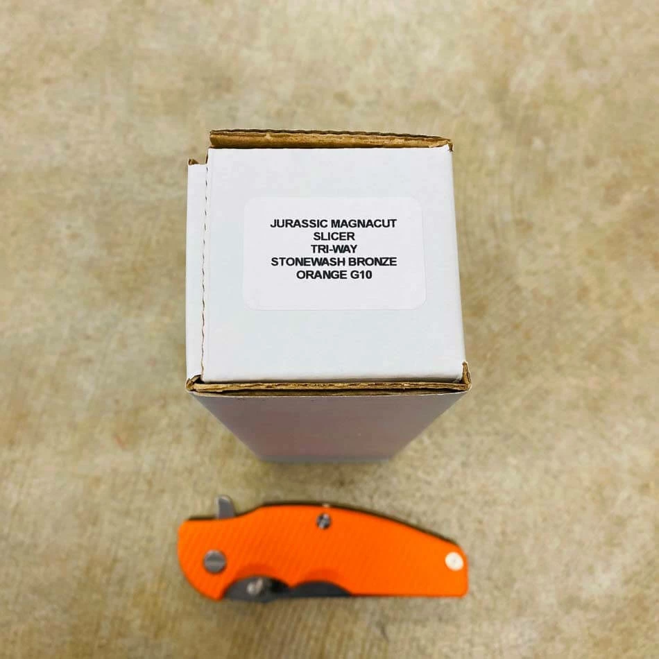 Rick Hinderer Jurassic Slicer Magnacut Stonewash Bronze Orange G10 Knife - Image 10