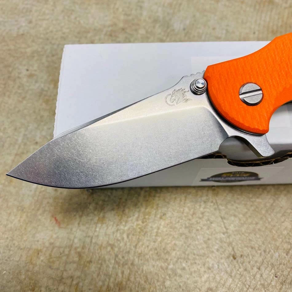 Rick Hinderer Jurassic Slicer Magnacut Stonewash Bronze Orange G10 Knife - Image 3
