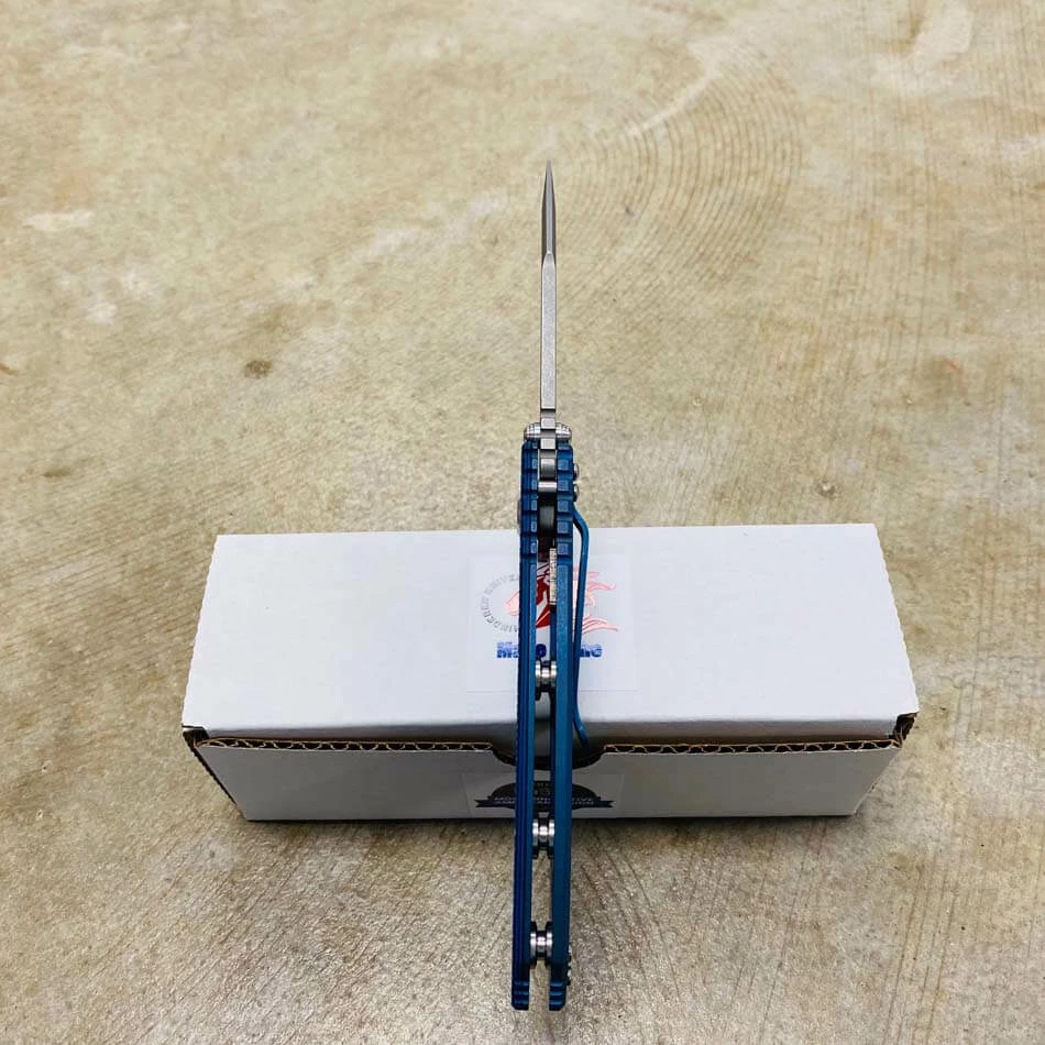 Hinderer XM-18 3.5" SKINNY Harpoon Spanto Tri-Way Working Finish Battle Blue Show Side Blue Black G10 Knife - Image 7