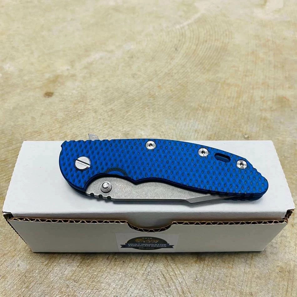 Hinderer XM-18 3.5" SKINNY Harpoon Spanto Tri-Way Working Finish Battle Blue Show Side Blue Black G10 Knife - Image 8