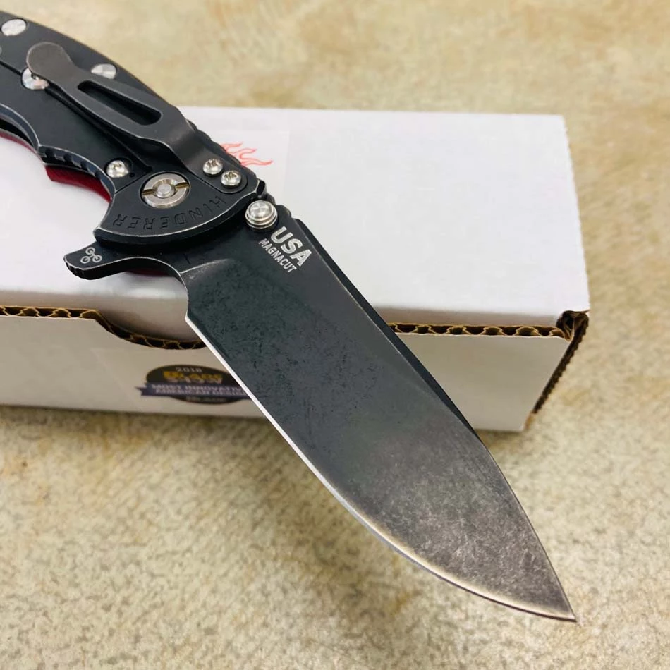 Rick Hinderer XM-18 3.5" SKINNY Magnacut Slicer Tri-Way Battle Black, Red G10 Knife BUNDLE With SKINNY Scale Micarta Burgundy - Image 5