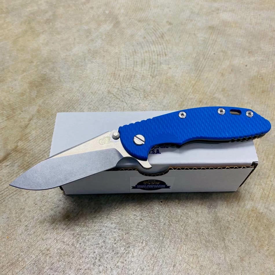 Rick Hinderer XM-18 3.5" Slicer Tri-Way Stonewash Bronze Finish Blue G10 Stonewash Blade Knife - Image 2