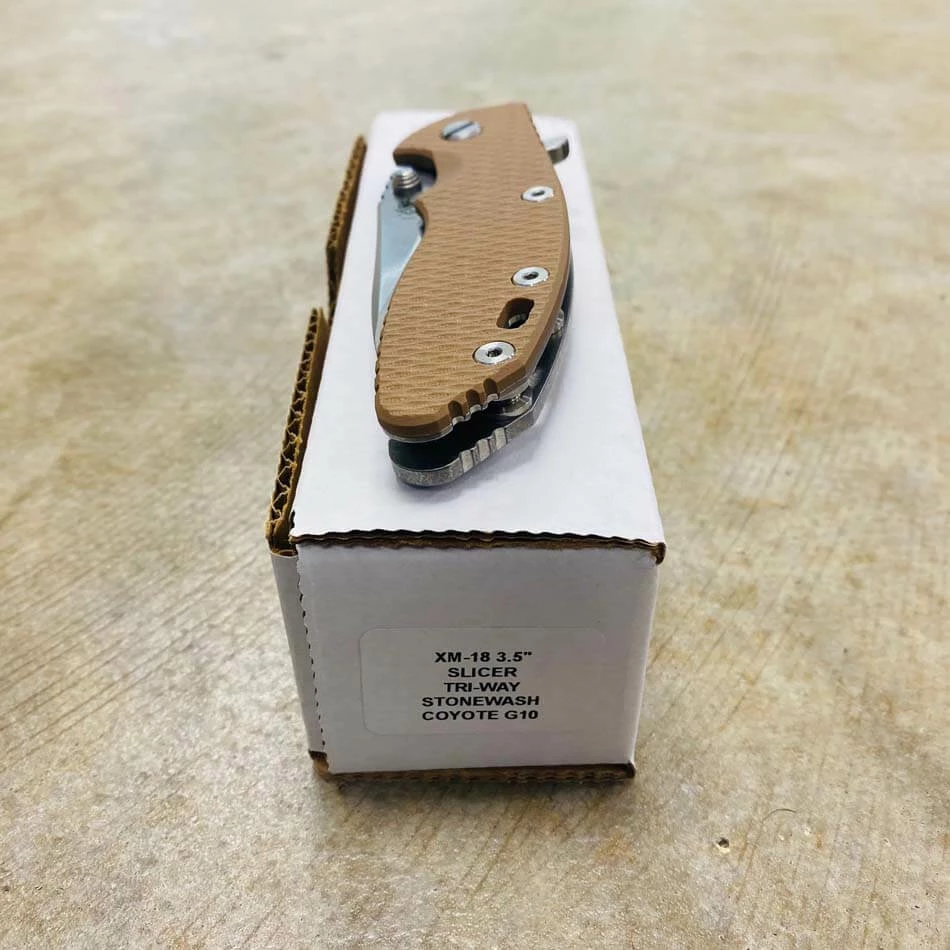 Rick Hinderer XM-18 3.5" Slicer Tri-Way Stonewash Finish Coyote G10 Stonewash Blade Knife - Image 9