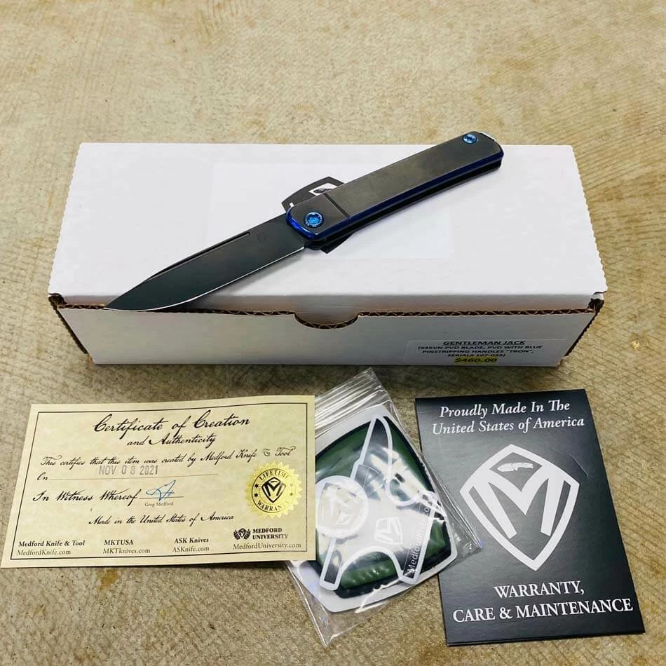 Medford Gentleman Jack GJ-1 Ti 3.1" Slip Joint PVD Blue Pinstripping TRON Knife 107-033