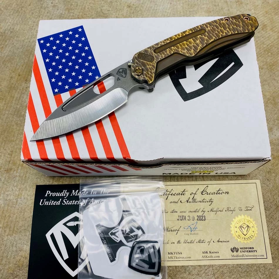 Medford Infraction S45VN 3.25" Tumbled Blade Bead Blasted Bronze Cobblestone Handles, Bronze Hardware Knife Serial 305-094