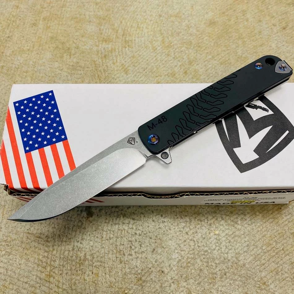 Medford M-48 CPM S35VN 3.9" Tumbled Blade, Black Handle, Tumbled Spring Side, Flamed Hardware Flipper Knife Serial 210-150 - Image 2