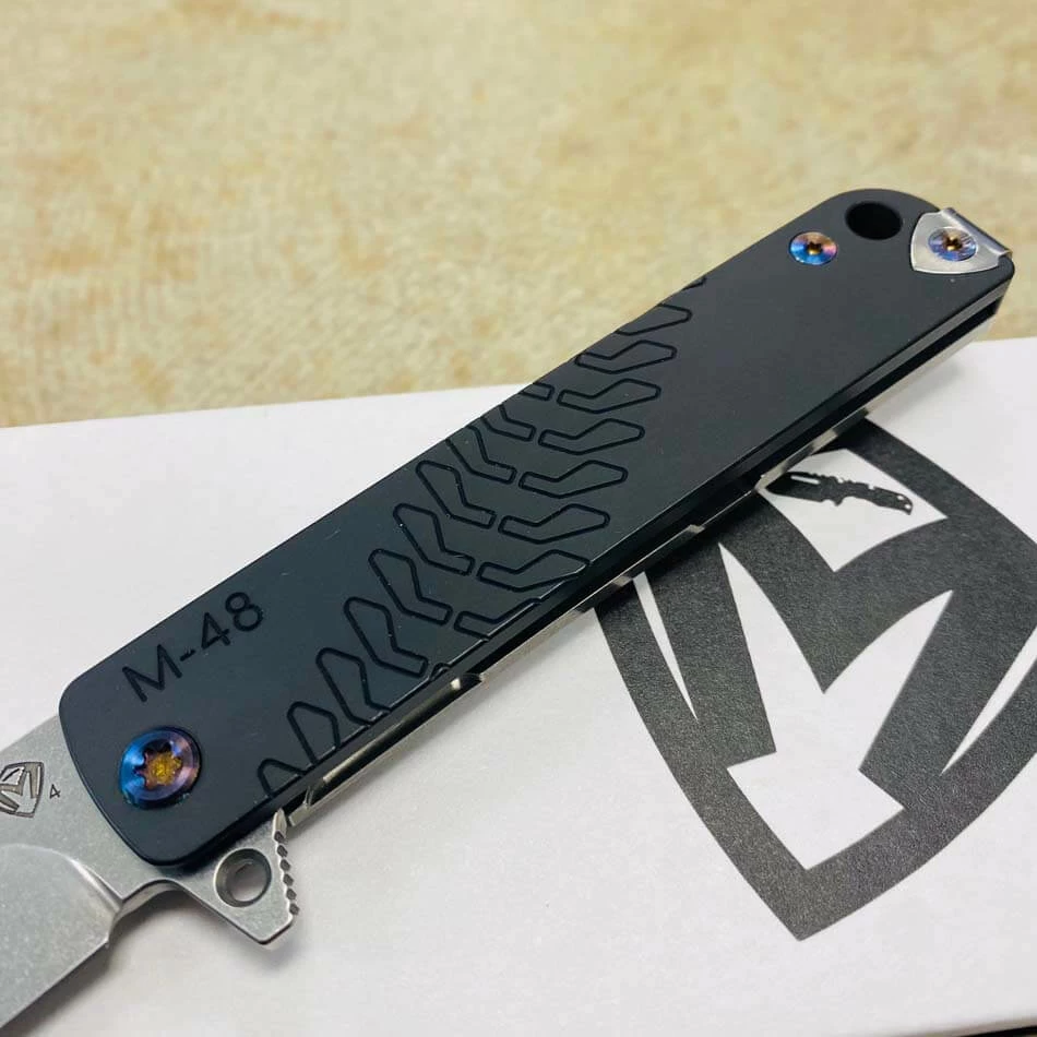 Medford M-48 CPM S35VN 3.9" Tumbled Blade, Black Handle, Tumbled Spring Side, Flamed Hardware Flipper Knife Serial 210-150 - Image 4