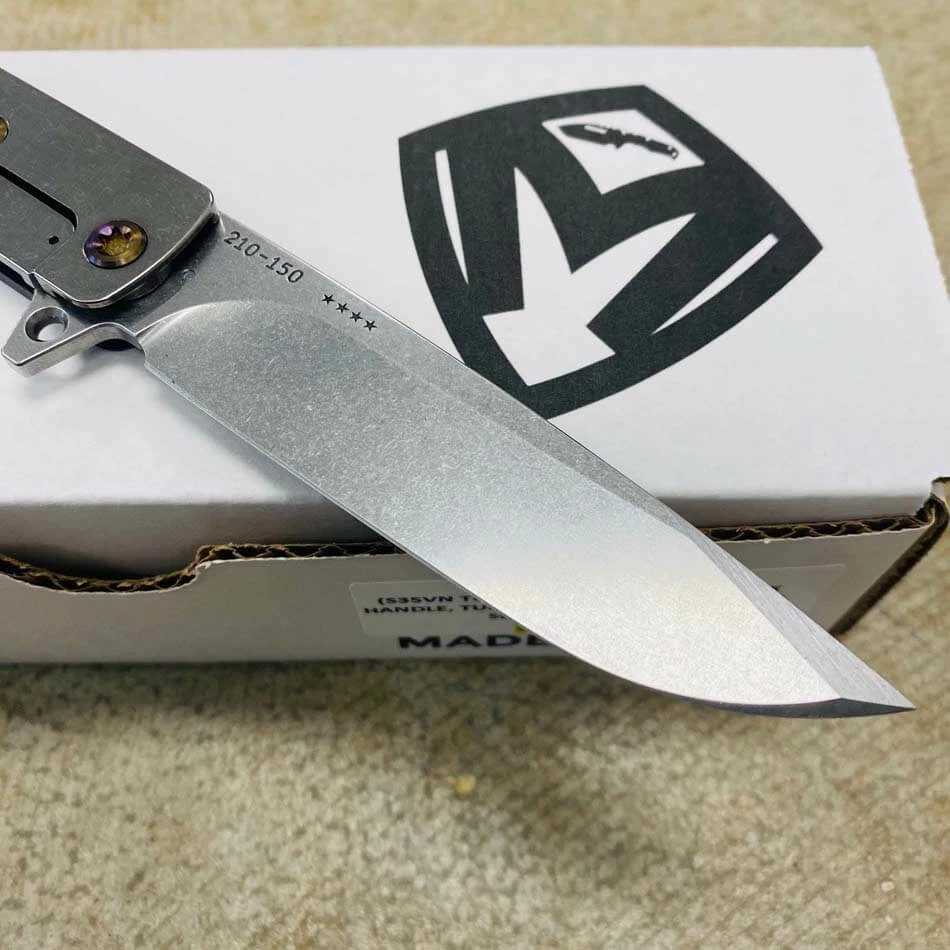 Medford M-48 CPM S35VN 3.9" Tumbled Blade, Black Handle, Tumbled Spring Side, Flamed Hardware Flipper Knife Serial 210-150 - Image 6