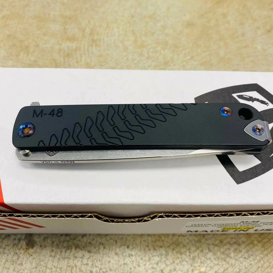 Medford M-48 CPM S35VN 3.9" Tumbled Blade, Black Handle, Tumbled Spring Side, Flamed Hardware Flipper Knife Serial 210-150 - Image 8