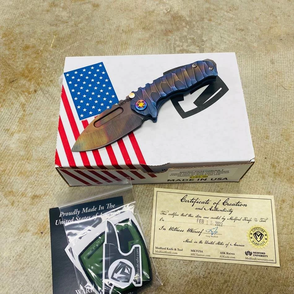 Medford Micro Praetorian T S35VN 2.8" Vulcan Drop Point Bronze Center Field Blue Violet Perimeters Twisted Predator Handles Knife Serial 109-154