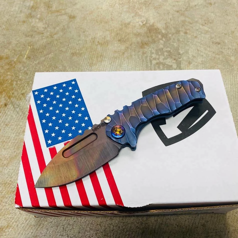 Medford Micro Praetorian T S35VN 2.8" Vulcan Drop Point Bronze Center Field Blue Violet Perimeters Twisted Predator Handles Knife Serial 109-154 - Image 2
