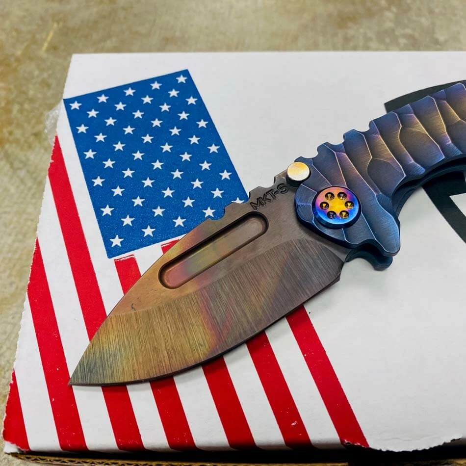 Medford Micro Praetorian T S35VN 2.8" Vulcan Drop Point Bronze Center Field Blue Violet Perimeters Twisted Predator Handles Knife Serial 109-154 - Image 3