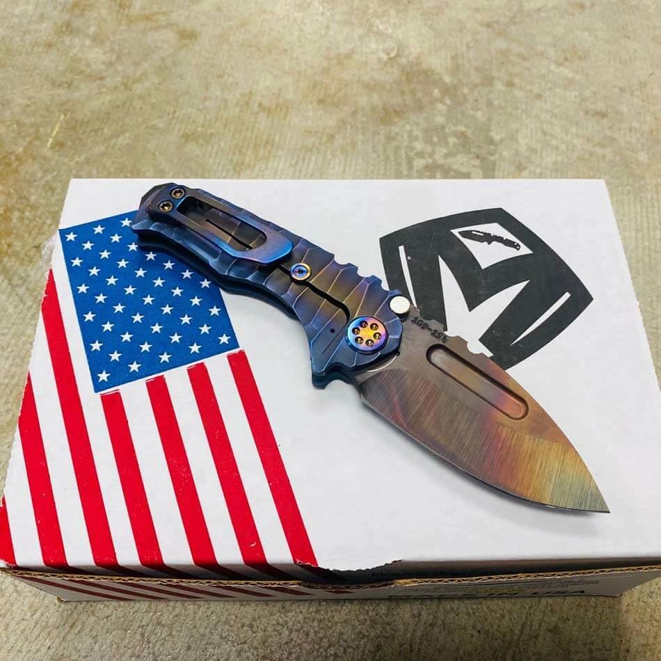 Medford Micro Praetorian T S35VN 2.8" Vulcan Drop Point Bronze Center Field Blue Violet Perimeters Twisted Predator Handles Knife Serial 109-154 - Image 5