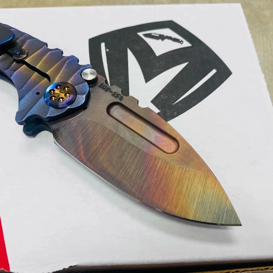 Medford Micro Praetorian T S35VN 2.8" Vulcan Drop Point Bronze Center Field Blue Violet Perimeters Twisted Predator Handles Knife Serial 109-154 - Image 6