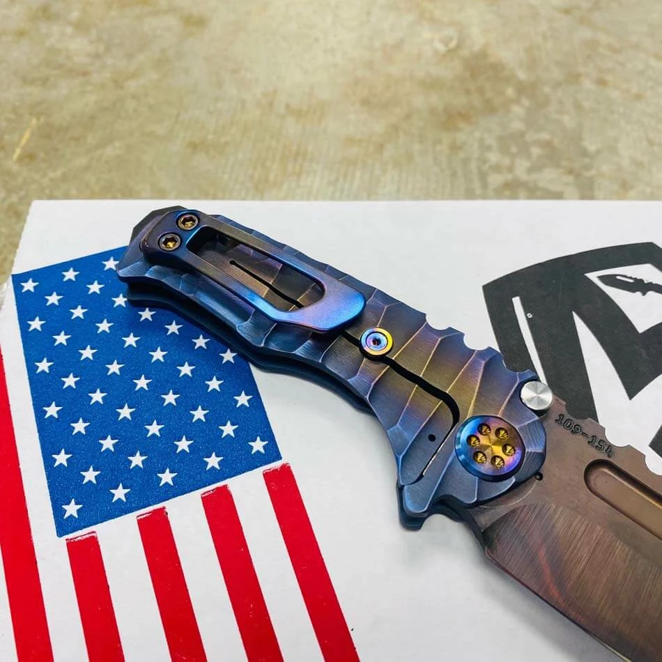 Medford Micro Praetorian T S35VN 2.8" Vulcan Drop Point Bronze Center Field Blue Violet Perimeters Twisted Predator Handles Knife Serial 109-154 - Image 7