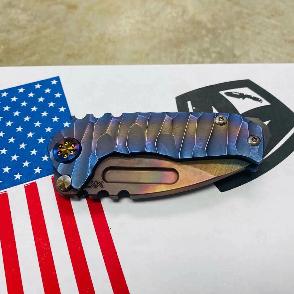 Medford Micro Praetorian T S35VN 2.8" Vulcan Drop Point Bronze Center Field Blue Violet Perimeters Twisted Predator Handles Knife Serial 109-154 - Image 8