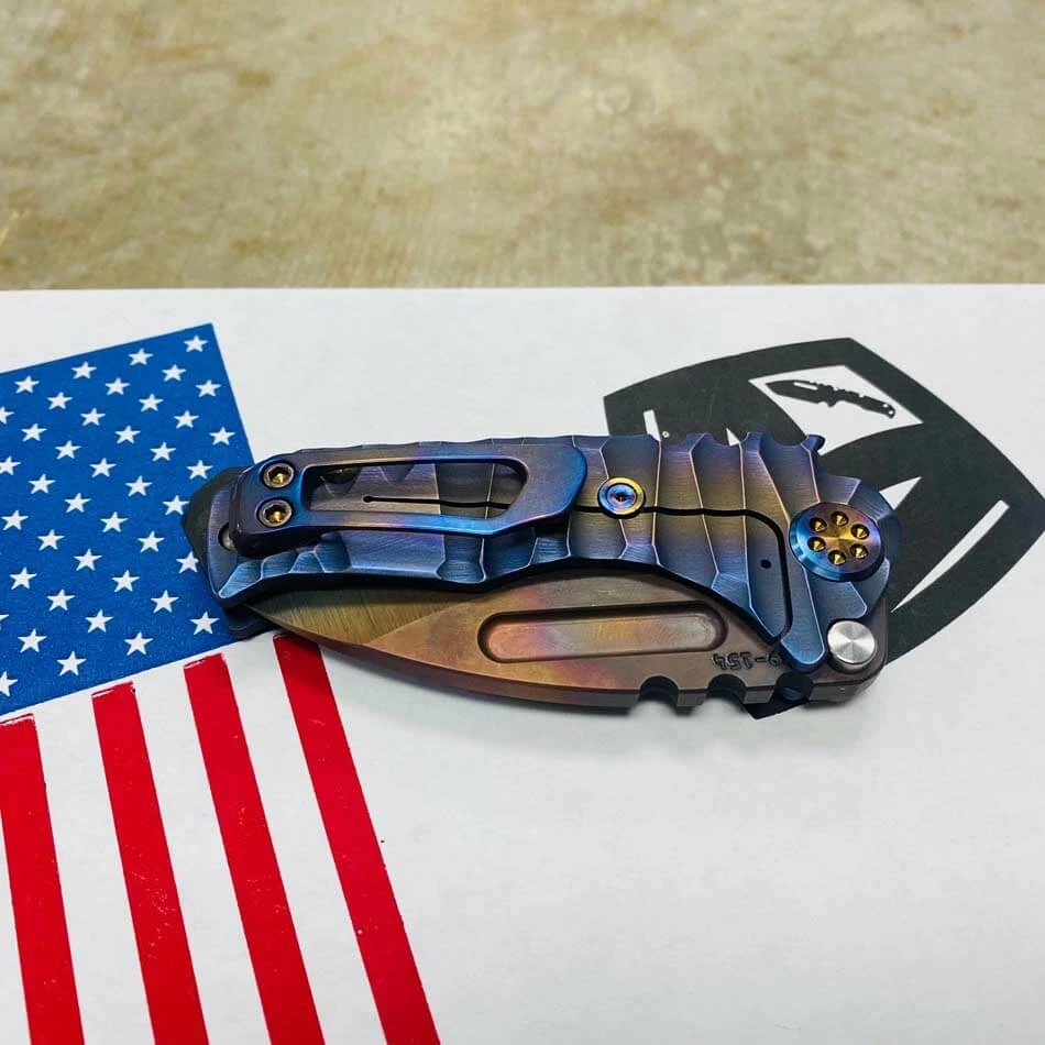Medford Micro Praetorian T S35VN 2.8" Vulcan Drop Point Bronze Center Field Blue Violet Perimeters Twisted Predator Handles Knife Serial 109-154 - Image 9