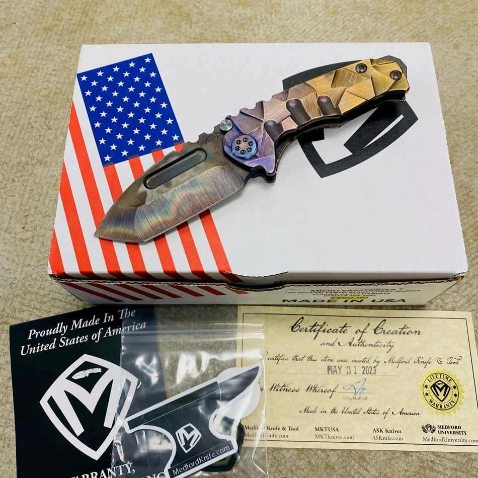 Medford Micro Praetorian T 3V 2.8" Vulcan Tanto Violet Bronze Stained Glass Handles Knife Serial 302-106