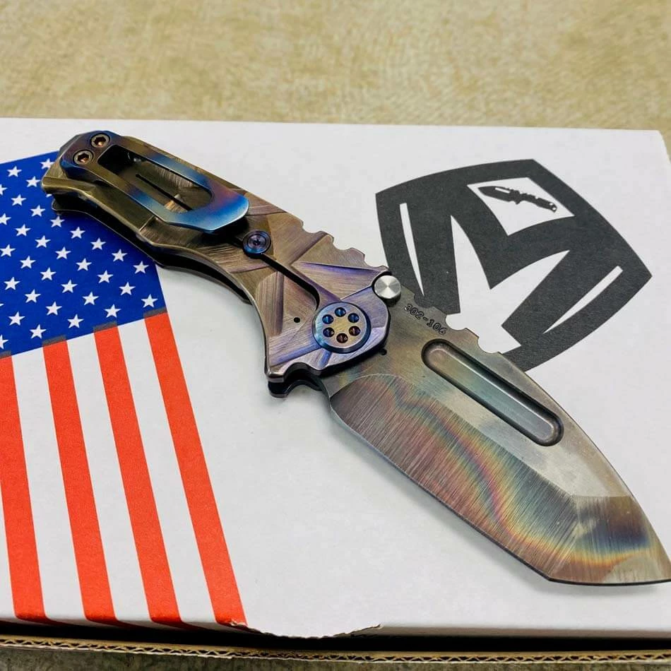 Medford Micro Praetorian T 3V 2.8" Vulcan Tanto Violet Bronze Stained Glass Handles Knife Serial 302-106 - Image 5