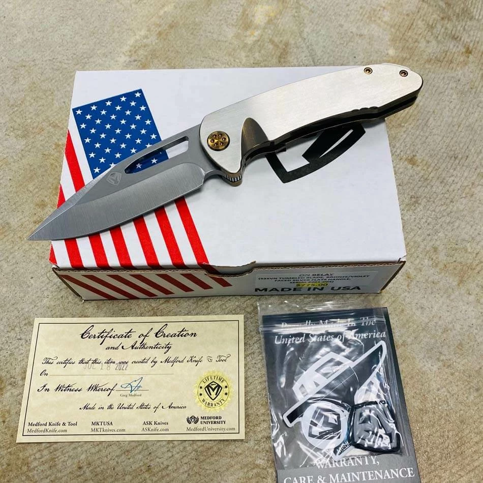 Medford On Belay S35VN Tumbled Blade 4.125" Bronze Violet With Faced Silver Flats Handles Violet Bronze Clip Knife Serial 201-004
