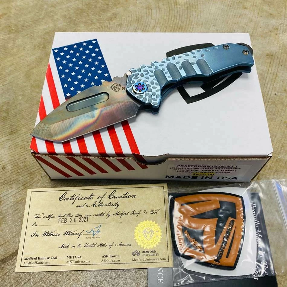 Medford Praetorian Genesis T S35VN Vulcan 3.3" Tanto Aquamarine Falling Leaf Handles Knife 012-089