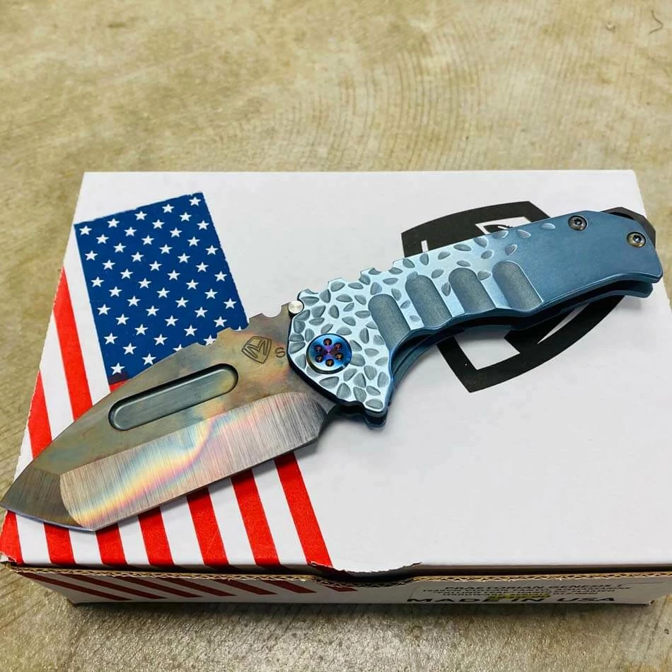 Medford Praetorian Genesis T S35VN Vulcan 3.3" Tanto Aquamarine Falling Leaf Handles Knife 012-089 - Image 2