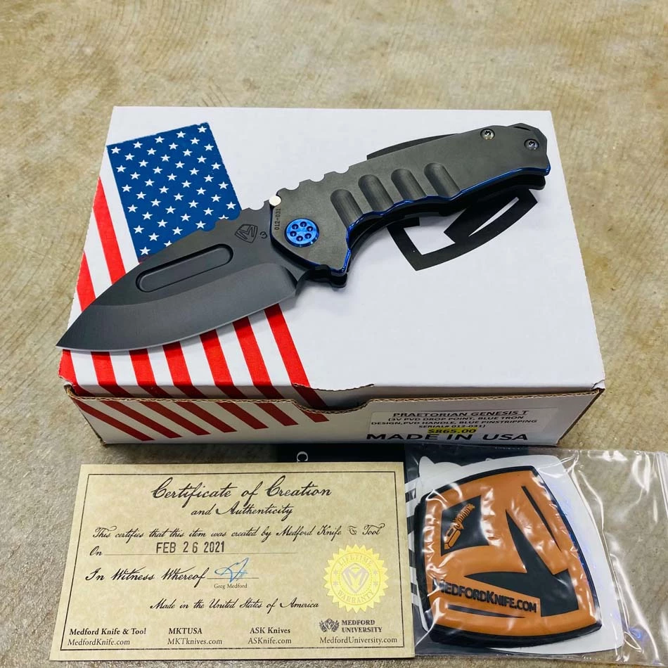 Medford Praetorian Genesis T 3V PVD 3.3" Drop Point TRON Design PVD Handle Blue Pinstripping Knife 012-031