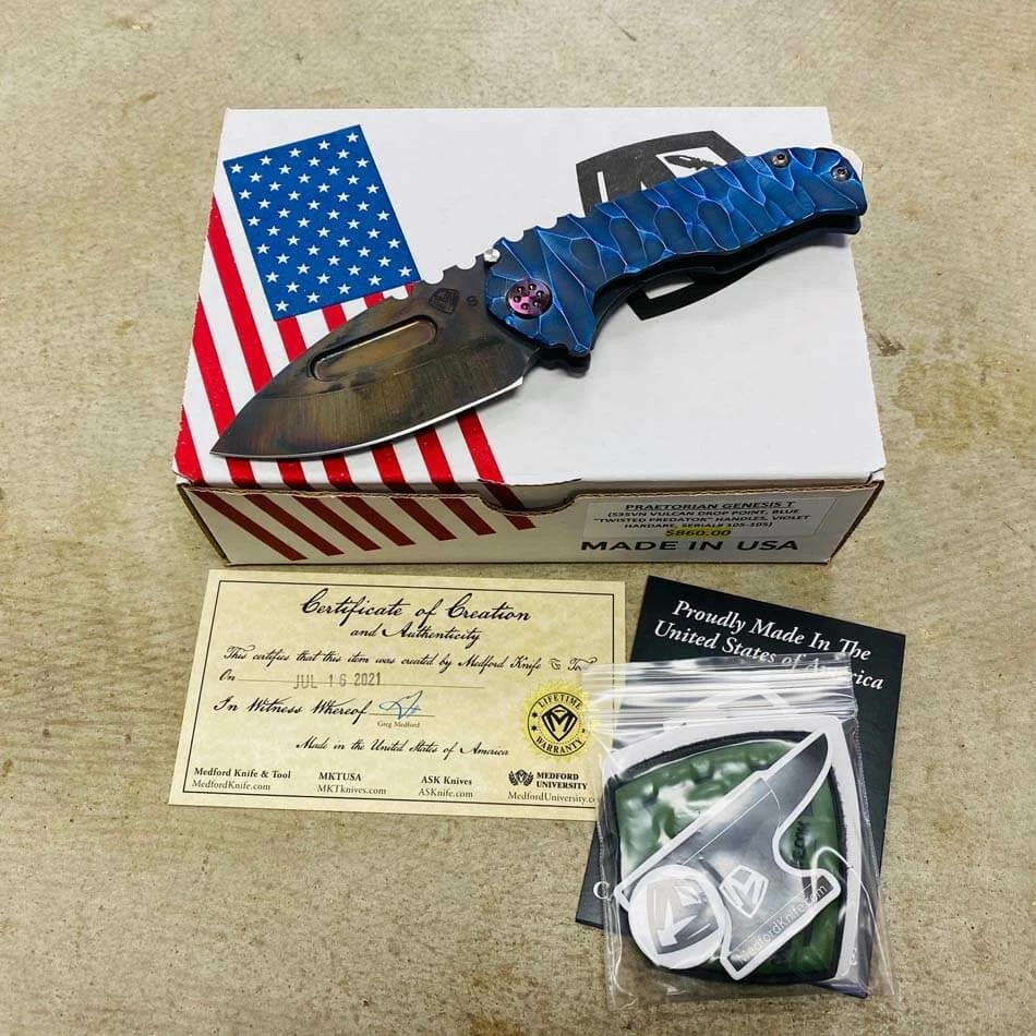 Medford Praetorian Genesis T S35VN Vulcan 3.3" Drop Point Blue Twisted Predator Knife 105-105
