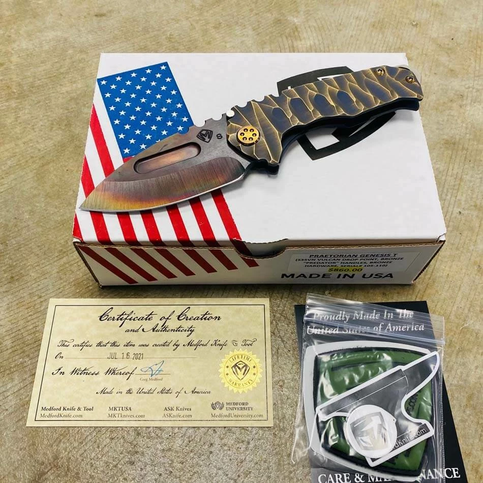 Medford Praetorian Genesis T S35VN Vulcan 3.3" Drop Point Bronze Twisted Predator Knife 105-110
