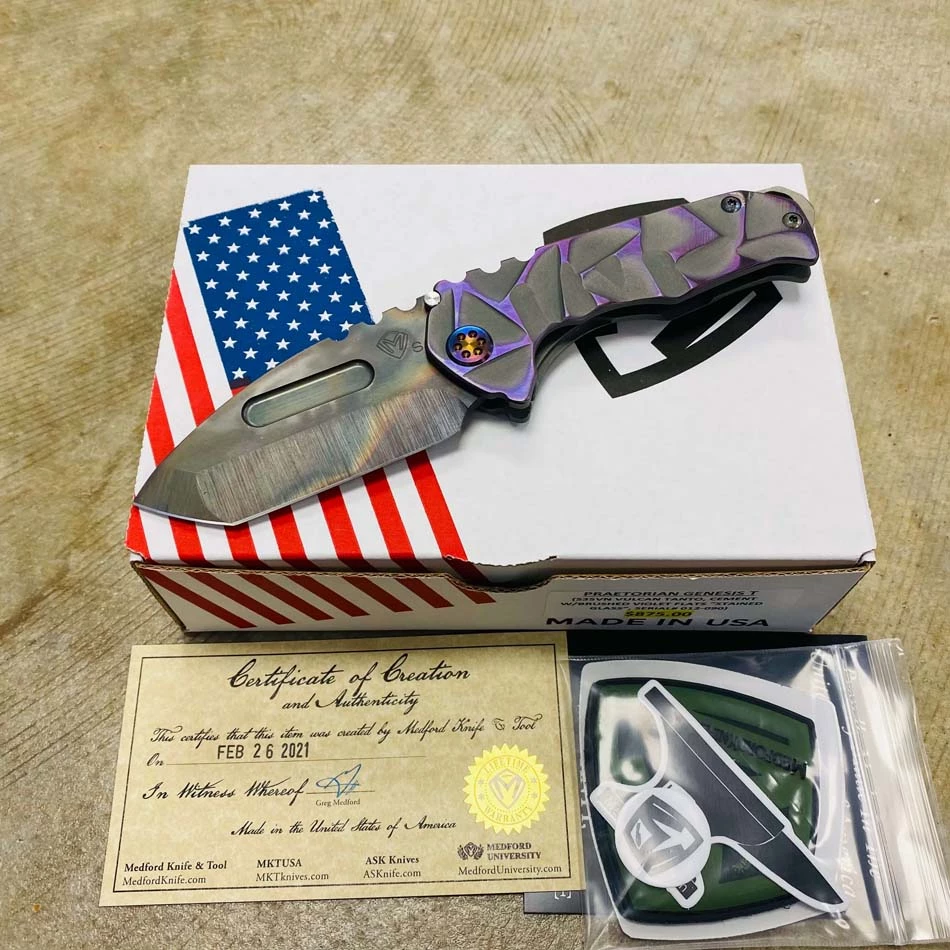 Medford Praetorian Genesis T S35VN Vulcan 3.3" Tanto Cement With Brushed Violet Flats Stained Glass Knife 012-090