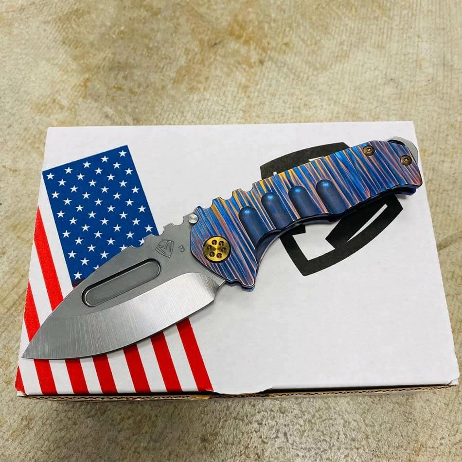 Medford Praetorian Genesis T 3V Tumbled 3.3" Drop Point Blue Violet With Bronze Fields Of Grass Handles Knife Serial 202-064 - Image 2