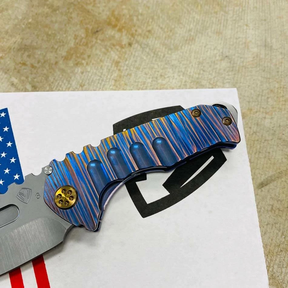 Medford Praetorian Genesis T 3V Tumbled 3.3" Drop Point Blue Violet With Bronze Fields Of Grass Handles Knife Serial 202-064 - Image 4