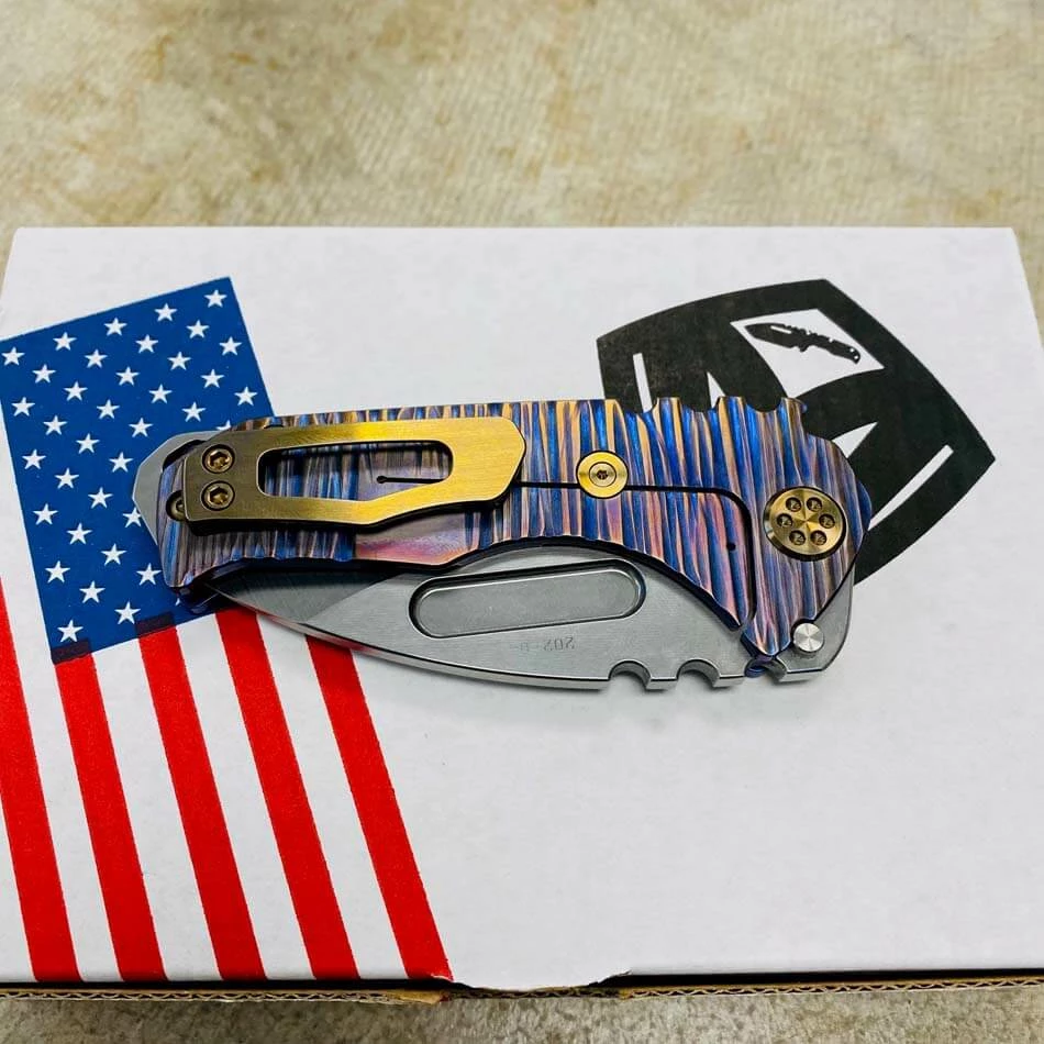 Medford Praetorian Genesis T 3V Tumbled 3.3" Drop Point Blue Violet With Bronze Fields Of Grass Handles Knife Serial 202-064 - Image 9