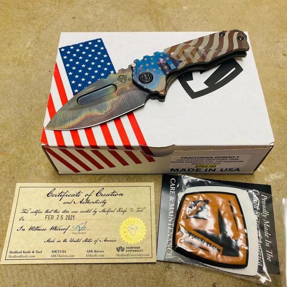 Medford Praetorian Genesis T S35VN Vulcan 3.3" Drop Point Dark Bronze American Flag Knife 012-097